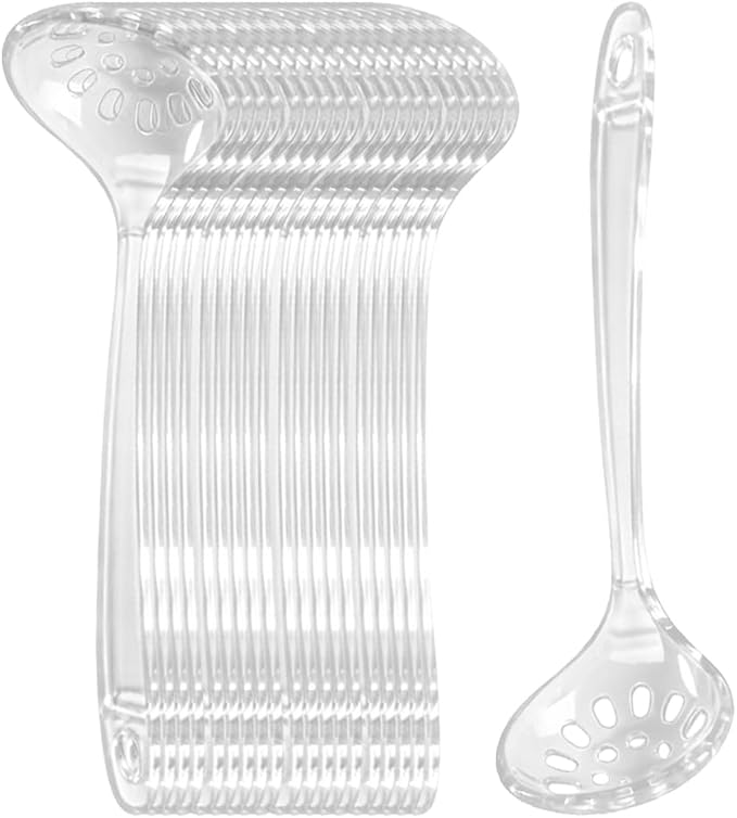 Large Plastic Serving Spoons,Disposable Heavy Duty Serving Spoons,Long Handle Scoop Soup Rice Ladle for Party Catering Buffet Restaurant,20 Pieces (Clear Colander)