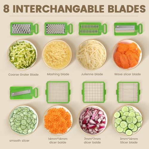 Vegetable Chopper, 16-in-1 Mandoline Slicer Dicer Grater Spiralizer with Container, 8 Stainless Steel Blades for Onion Salad Salsa Meal Prep