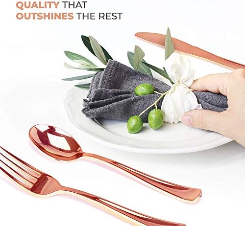Rose Gold Plastic Silverware Set (160 Bulk Pack) Disposable Cutlery Utensils, 80 Forks, 40 Knives, 40 Spoons, Heavy Duty Rose Gold Flatware For Holidays, Parties, Dinners, Weddings, and Occasions
