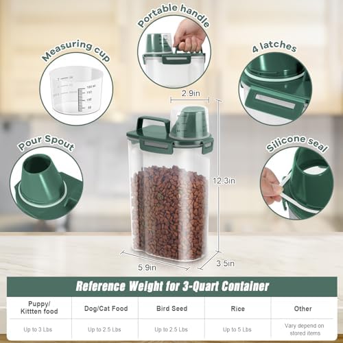 TBMax Small Dog Cat Food Storage Containers 2 Pack, Travel-Friendly Pet Food Container with Spout & Measuring Cup, Portable Pet Feeding Dispenser, Bird Seed Container-Dark Green