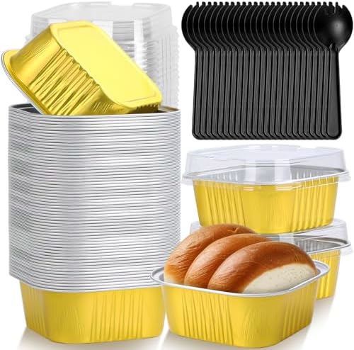 selizo 60 Pack 10oz Mini Disposable Cake Pans with Lids, Aluminum Foil Square Baking Cups, 4.4x4.4 Large Baking Cake Tins Cup Cake Containers with Lids for Individual Cakes