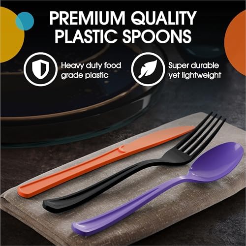 Party Solids Halloween Plastic Silverware Heavy Duty 150 Pieces Halloween Plastic Cutlery Sets Utensil Sets 50 of Each Forks Knives & Spoons Disposable Cutlery Set Flatware Set for Party Supplies