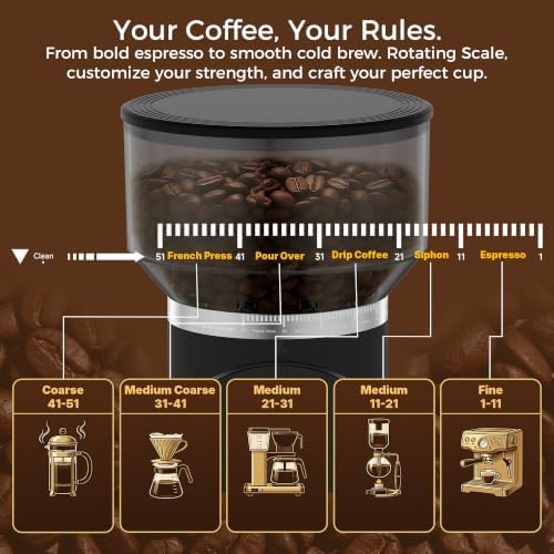 TALIA Coffee Grinder Electric Coffee Bean Grinder with 48mm Titanium Plated Conical Burrs, 51 Grind Settings for Espresso to French Press, Touch Control, Time & Cup Customization, Portafilter Holder