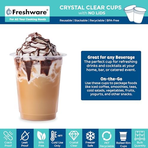 Freshware Clear Plastic Cups [100 Pack - 12 oz] Disposable Cups for Iced Coffee, Smoothie, Milkshake, Cold Drinks