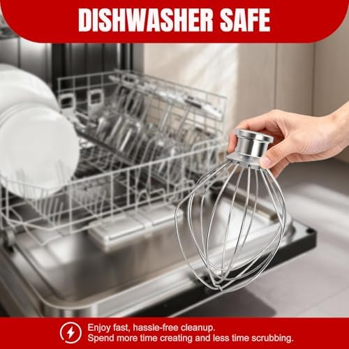 Dishwasher Safe K45WW Wire Whip for Kitchenaid Whisk Attachment 4.5QT-5QT Tilt-Head Stand Mixer,-All Stainless Steel Kitchen aid Whisk Attachment for Cream, Frostings, Cakes