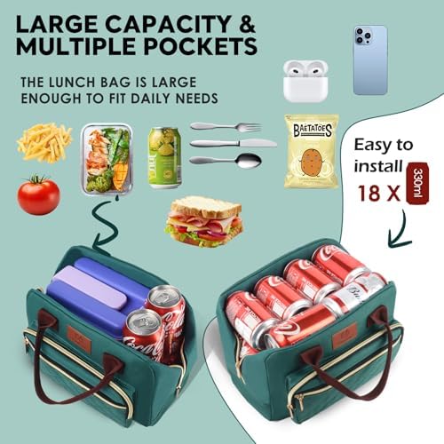 Genteen Lunch Bag Lunch box for Women men Insulated Tote LunchBox for Adult Women Men Reusable Lunch Box with Front Pocket for Work, Picnic or Travel-18 Cans/14 Liters - PURPLE/LAKE GREEN