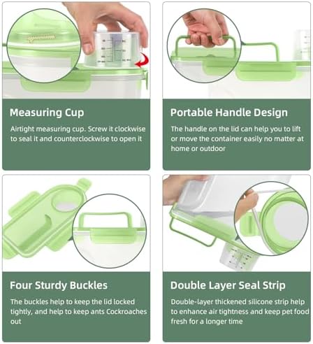LEAWALK 5-7Lbs/6Qt Dog Cat Storage Container Portable with Upgraded Large Spout and Cup, Plastic Pet Food Dispenser for Small Animal Kibble, Bird Seed, Oatmeal, Rice, Flour, Brown Sugart (Clear Green)