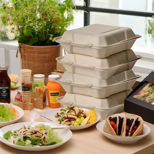 ECOLipak 300 Pack Compostable Take Out Food Containers 8 inch,3 Compartment
