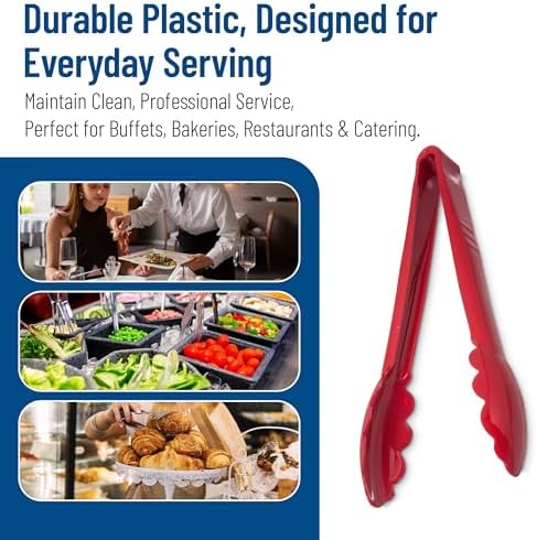 Carlisle FoodService Products Carly Tongs, Plastic Serving Tongs, for Kitchens, Restaurants, and Catering, Acetal, 8.85 Inches, Red, (Pack of 12)