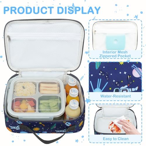 FlowFly Kids Lunch box Insulated Soft Bag Mini Cooler Back to School Thermal Meal Tote Kit for Girls, Boys, Astronaut