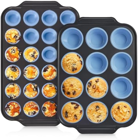 BRONYPRO 2-Pack 12 Cup and Mini 24 Cup Silicone Muffin Pans for Baking with Metal Frame, Egg Bite Molds, Muffin Tins Easy to Pop Nonstick Non Toxic Bakeware for Oven,Blue