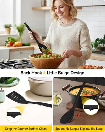 BUNDLEPRO Silicone Cooking Utensils Set, 4 Pcs Spatula and Spoon Set, Black