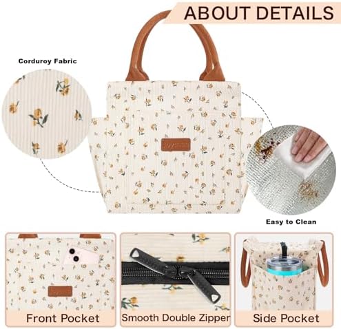 Joymee Lunch Bag Women Insulated Corduroy Reusable - Yellow-Floral