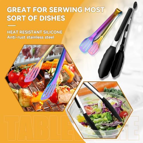 Rainbow Serving Utensils Set Stainless Steel, 15pcs Large Metal Serveware Serving Spoons, Slotted Spoons, Forks, Tongs, Soup and Skimmer Spoon, Cake Server for Partie, Buffet, Catering, Entertaining