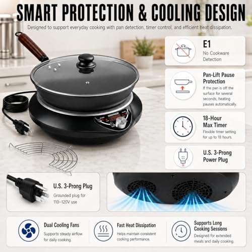 1700W Induction Wok Burner 120V, Includes 13.4-Inch Carbon Steel Wok