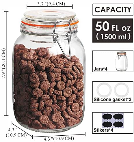 Qianfenie 50 oz Glass Jars with Airtight Lids, Wide Mouth Mason Jars, 4 Pc