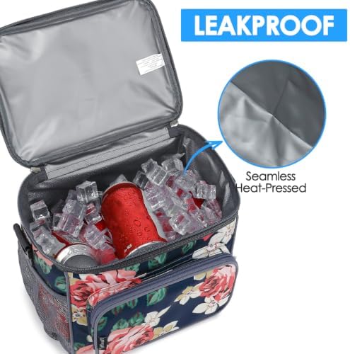 FlowFly Insulated Reusable Lunch Bag Adult Large Lunch Box for Women and Men with Adjustable Shoulder Strap,Front Zipper Pocket and Dual Large Mesh Side Pockets,Peony