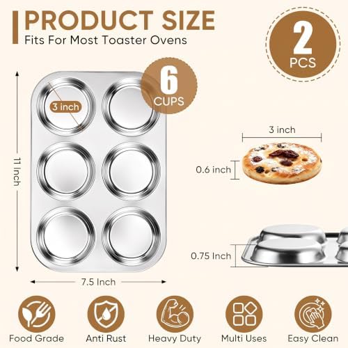 TeamFar Muffin Top Pan, 2 PCS 6 Cavity Stainless Steel Shallow Cupcake Pan