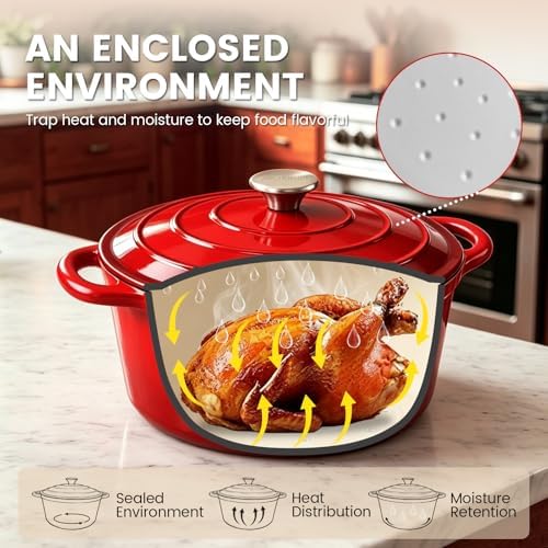 5 Qt Enameled Cast Iron Dutch Oven with Lid, Red