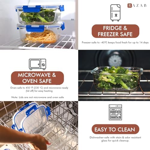Razab 2 PC 1200ML / 41 Oz Glass Food Storage Containers with Lids - Airtight & Leakproof - Microwave/Oven/Freezer Safe - BPA Free - Ideal for Meal Prep, Storing Leftover & Lunch
