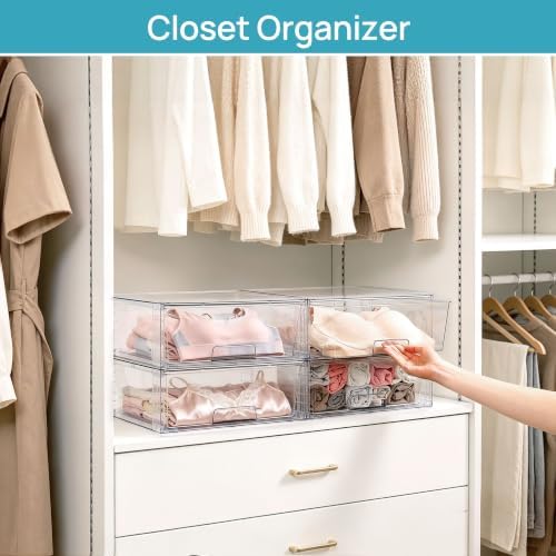 Vtopmart 3 Pack Large Clear Stackable Storage Drawers for Closet, Pantry