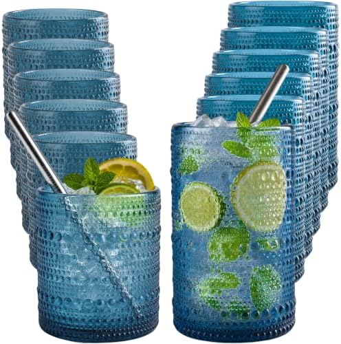 CycleMore Set of 12 Drinking Glasses, Blue 12 oz & 10 oz Cocktail Cups
