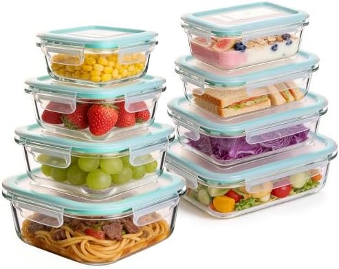 Liuruiyu Glass Food Storage Containers with Lids, 8 Pack Meal Prep Containers, Airtight Bento Boxes with Leak Proof Locking for Microwave, Oven, Freezer and Dishwasher, BPA Free（5oz to 36oz）