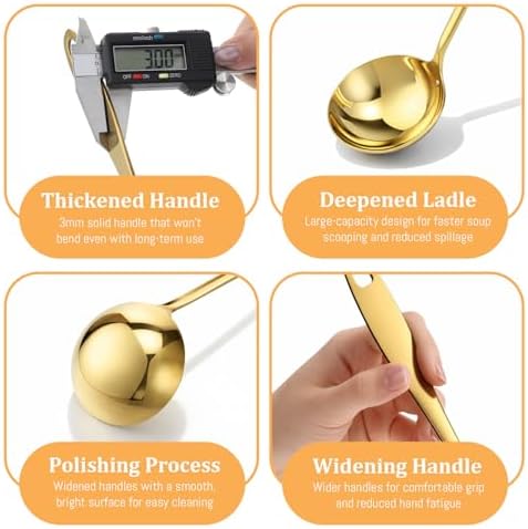 Gold Ladle, 304 Stainless Steel Gold Ladle 11.4" Long Handle Kitchen Metal Ladel Large Serving Spoon for Cooking, Serving, Stirring, Canning