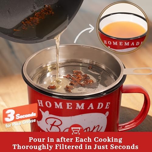 Ayerphalo Bacon Grease Container with Strainer - With Food-Grade Silicone Spatula, 24oz Enamel Rustic Farmhouse Fat Container, Keeper, Recipes, Dishwasher Safe