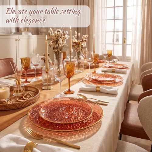 Rubtlamp 60Pcs Amber Plastic Plates - Brown Disposable Plates With Gold Rim, Clear Heavy-duty Party Plates, Hammered Plates Include 30 Dessert Platos, 30 Dinner Platos for Party
