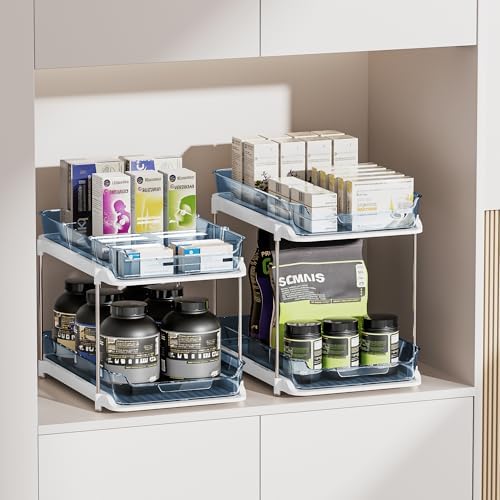 Delamu 2-Tier Multi-Purpose Bathroom Under Sink Organizers and Storage, Stackable Kitchen Pantry Organization, Pull Out Medicine Cabinet Organizer with Movable Dividers, Blue, 2 Pack