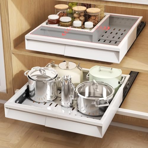 Seinloes Pull Out Cabinet Organizer, 4-Side Expandable to Fit Most Cabinets, 3 Rail Slide Out Drawers with Raising Pad for Framed & Frameless Cabinets, 11"-16" W x 13"-17" D, White, 2 Pack