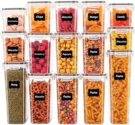 15 PCS Airtight Food Storage Containers with Lids, Plastic Kitchen and Organization Canisters for Cereal, Dry Food, Flour and Sugar, BPA-Free, PVC-Free, Includes Labels & Marker