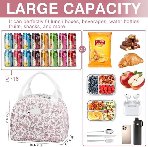 TESAFNG Lunch Bag - Insulated Lunch Box for Women, Reusable Large Capacity Cooler Bag for Adult, Small Leakproof Cute Corduroy Lunch Tote for Work Office Travel Picnic (Corduroy Pink-Flower)