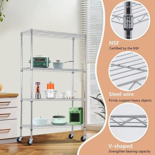 BestOffice | 4-Tier Wire Shelf with Wheels | 36" x 14" x 62" | Chrome