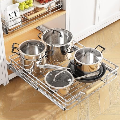 Pull out Cabinet Organizer, 12"W X 21"D, Heavy Duty Smooth Sliding Under Cabinet Shelves for Pots and Pans, Full-Extension Roll out Drawers, Slide out Organization for Home Kitchen Pantry