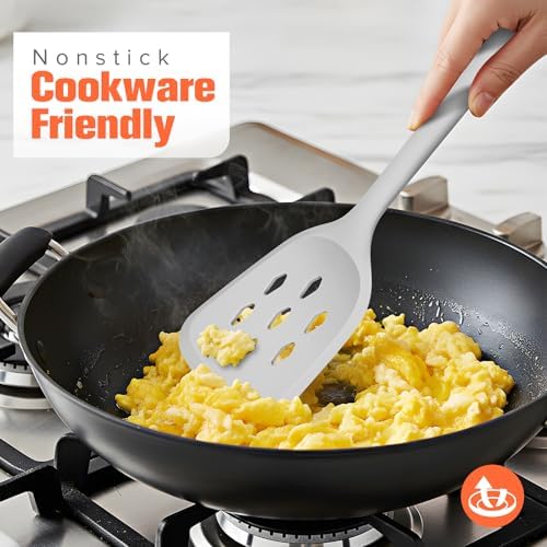 Silicone Spatula Set of 2 Pack, Heat Resistant Solid&Slotted Turner (GRAY)