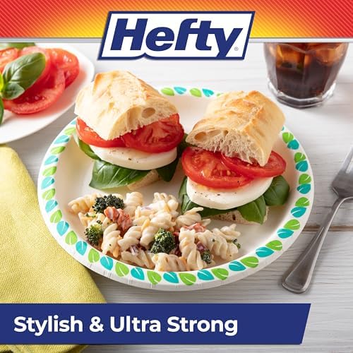 Hefty Compostable Paper Plates, 8.6 Inch, 30 Count, Patterned Disposable Plates for BBQs, Parties, Holidays, and Daily Use, Soak-Resistant, Made with Plant-Based Materials, Microwave Safe (Pack of 2)