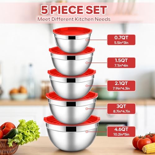 E-far Mixing Bowls with Lids Set, Stainless Steel Cooking Salad Bowls, Red