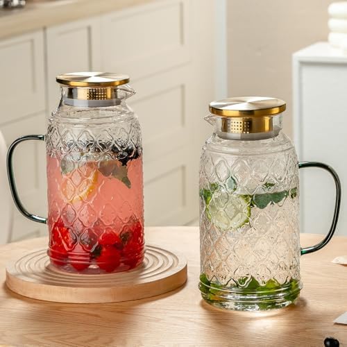 Buaic Glass Pitcher with Lid, 2 PACK 84 oz/2.5 Liter Vintage Water Pitcher