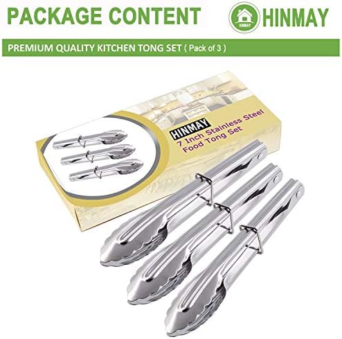 HINMAY 7-Inch Small Stainless Steel Serving Tongs, Set of 3 (Silver)