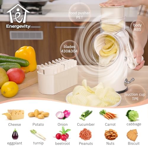 ENERGEVITY Hand Crank Rotary Cheese Grater, 5-in-1 Vegetable Slicer (White)