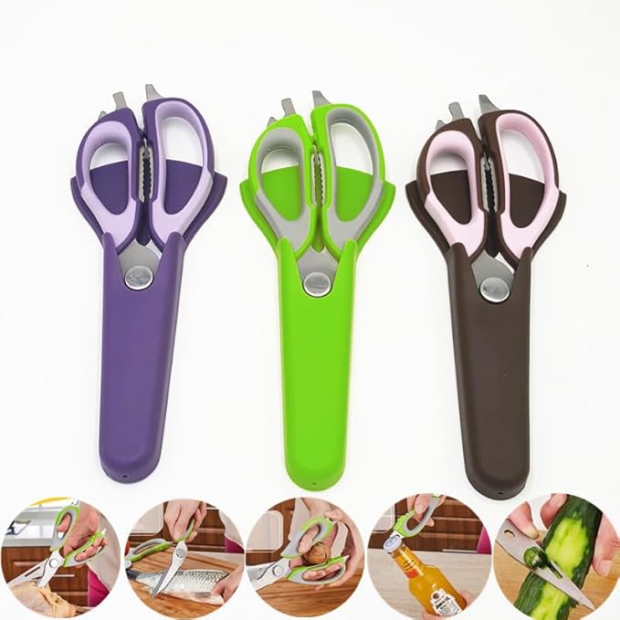 Multifunction Kitchen Food Scissors, Detachable Stainless Steel Heavy Duty Culinary Scissors, 7-in-1 Household Shears with Magnetic Holder, for Cut Poultry Meat Bone Vegetables Fruit Seafood (green)