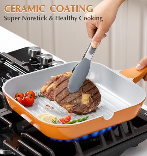 KOCH SYSTEME CS 9.5 Inch Nonstick Grill Pan for Stove Tops, Square Frying Pan with Pour Spouts, Square Pan for Indoor Cooking, Grill Skillet with Bakelite Handle, PTFE & PFOA Free, Copper