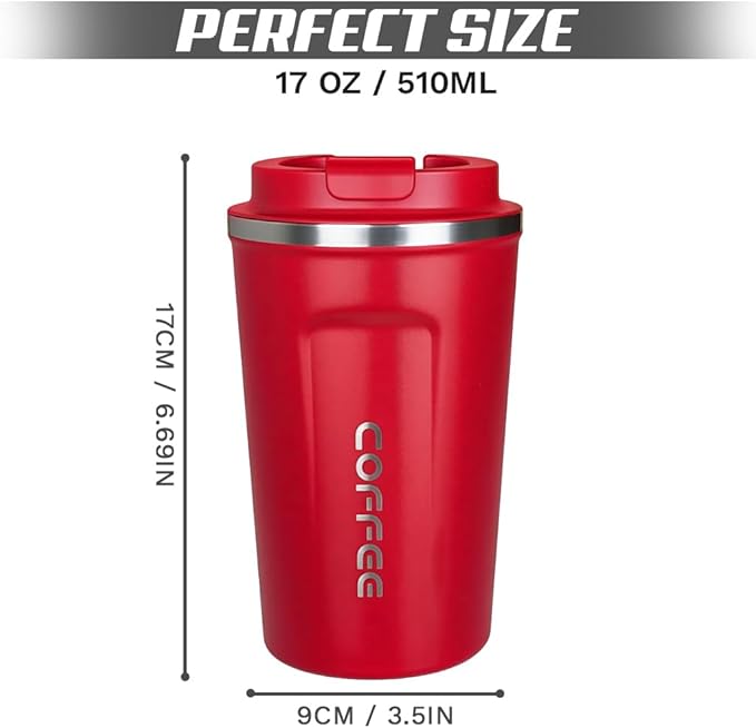 Travel coffee mugs leak-proof, reusable coffee cup with lid, stainless steel vacuum insulated coffee tumblers, thermal insulation cups for men & women keep drinks hot & cold (2nd-Red, 17OZ)