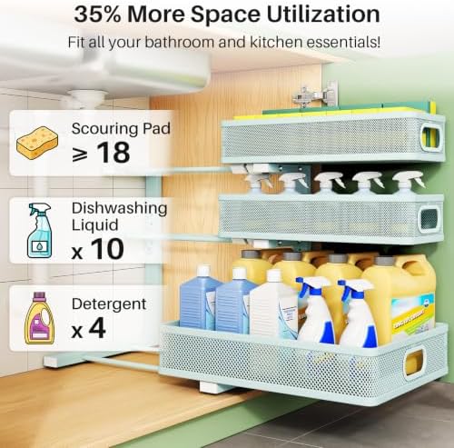 Under Sink Organizer, 2-Pack 3-Tier Height Adjustable Thickened Metal Pull out Cabinet Organizer Shelf, Slide out Storage Drawer Rack for Bathroom Kitchen Pantry Home Organization, LightBlue