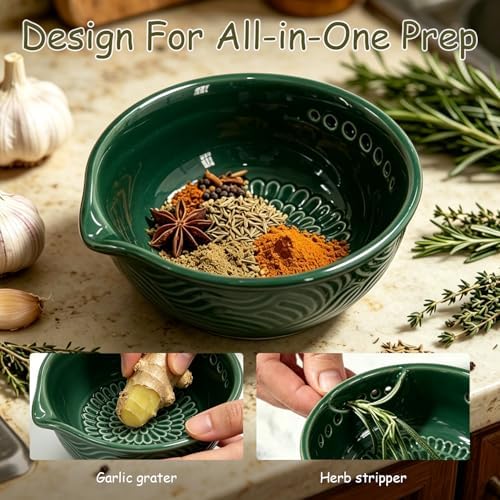 Grater Plate, 3 in 1 Handmade Tool Ceramic Bowl with Herb Stripper (Green)
