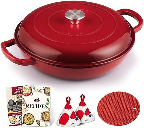 Overmont Enameled Cast Iron Dutch Oven - 3.8 QT Shallow Braiser with Recipe