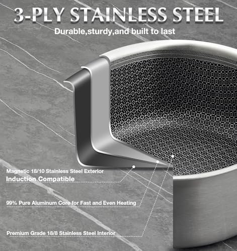 KOCH SYSTEME CS Hybrid Nonstick Stainless Steel Saucepan Set, 1QT & 2QT Triply Stainless Steel Saucepan Set with Hybrid Nonstick Honeycomb Interior, 4-Piece Sauce Pans, Induction Steel Pot Set