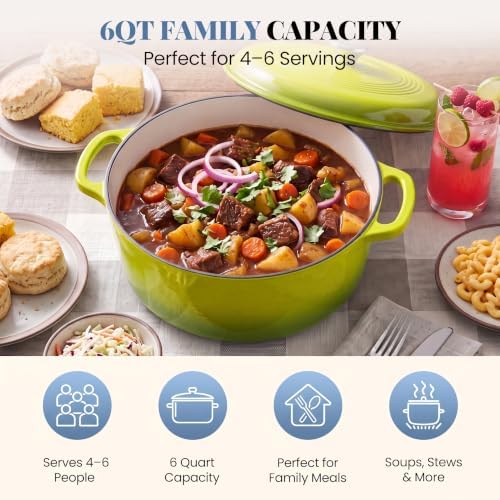DUMOS Cast Iron Dutch Oven, 6 Quart Pot with Lid, Enameled Heavy Duty Cookware, Oven Safe to 500°F, Perfect for Bread Baking, Stews and Roasting, Moisture Sealing Lid with Dual Handles, Light Green